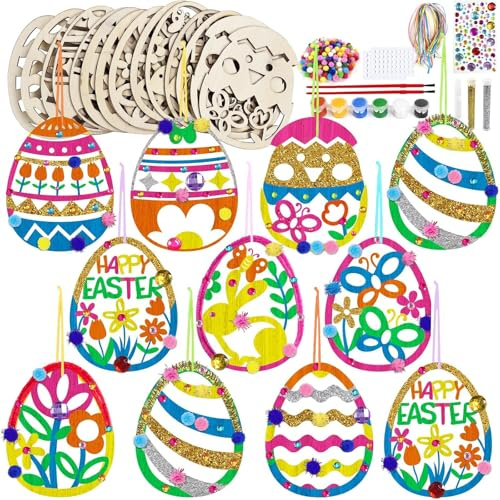 Osterdeko, Bastelset Kinder Set,Osterdekorationen aus Holz zum Bemalen, 10 verschiedene Designs, DIY-Rohlinge aus unbehandeltem Holz mit Pompons, Deko Schnur, Strass, Osteraufkleber, Ostereier