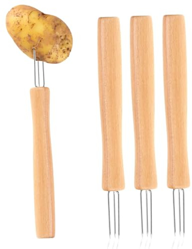 Porte-Épis de Maïs | 3 Pointes avec Manche en Bois - 4 Piques pour Épis de Maïs | Pour Fêtes Camping Grillades Rôtisseries Légumes Maison BBQ