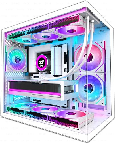 HYXN H3 ATX PC Case - Pre-Installed with 6 Infinity Mirror PWM ARGB Fans - Compact Dual Cavity Mid-Tower Gaming PC Case,360mm Radiator Support - with Type-C 3.2 (White)