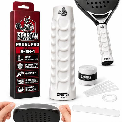 Spartan Padel Grip Antivibraciones para Pala de Pádel | Pack 5 en 1 con Mango + Overgrip + Protector Pala Pádel + Ring + 4 Straps para fácil instalación | Empuñadura Antideslizante Blanca