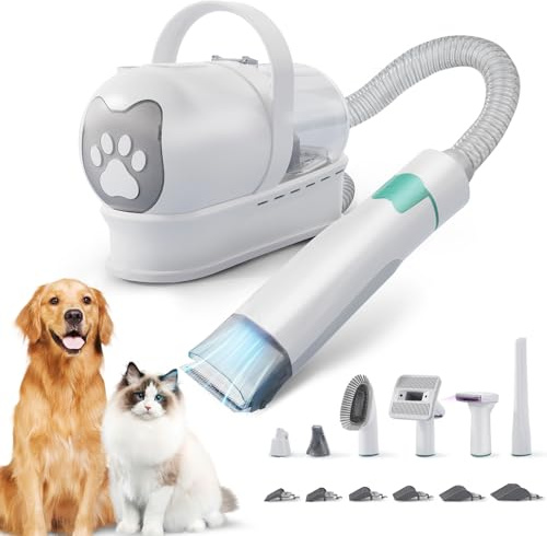 Rasoio per cani con aspirapolvere, 15000Pa, set per la cura degli animali domestici con 7 strumenti di cura, 3 livelli di velocità, a basso rumore, rimozione peli di animali domestici per cani e gatti