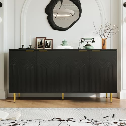 Högglans 4-dörrars sidobord, borstskåp med anti-spetsdesign, modern förvaring för vardagsrum/matsal, snygg svart kommod