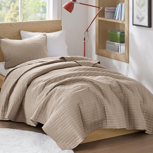 Comfort Spaces Kienna Quilt Set- Double Sided Stitching Design Summer Blanket, Lightweight, Soft, All Season Bedding Layer, Matching Sham, Taupe, Coverlet Twin/Twin XL(66x90) 2 Piece