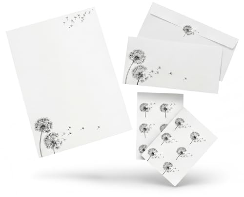 Trauerpapier Set mit Umschlägen und Etiketten - 10 Blatt Briefpapier Pusteblume für Danksagung Trauerkarte und Trauerbrief - stilvolles Trauerset für Kondolenzbrief und persönliche Worte