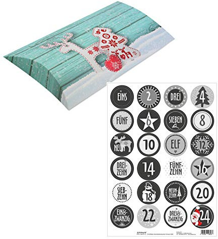 OLShop AG Adventskalender Rentier 25 Kissenverpackungen mit 24 Zahlenaufklebern Schwarz/Weiß
