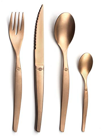 Lou Laguiole Jet Tafelbesteck 16-teilig Kupfer matt | Besteckset 16-teilig für 4 Personen, Edelstahl 18/0, PVD-Oberfläche, matt, Kupfer, Handwäsche empfohlen