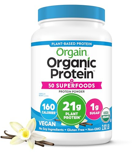 Orgain Organic Vegan Protein + 50 Superfoods Powder, Vanilla Bean - 21g Plant Based Protein, 8g Prebiotic Fiber, No Lactose Ingredients, Gluten Free, No Added Sugar, Non-GMO, 2.02 lb