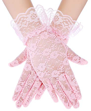SATINIOR Ladies Lace Gloves for Women Tea Party Elegant Short Courtesy Gloves for Wedding Dinner Opera Parties(Pink,1 Pcs)