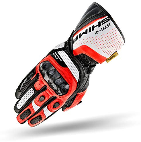 SHIMA STR-2 Motorradhandschuhe Herren - Touchscreen, Sommer, Sport Leder Handschuhe mit Carbon Knöchelprotektor, Handflächen- und Fingerschieber, Verstärkte Handfläche (Red Fluo, L)