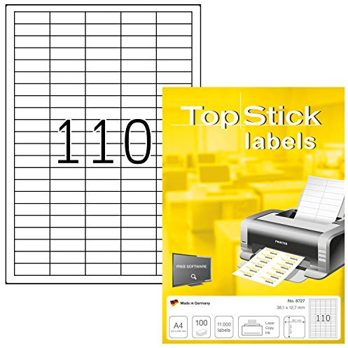 TopStick 8727 universella etiketter A4 mini (38,1 x 12,7 mm, 100 ark, papper, matt) självhäftande, utskrivbara, permanenta adressetiketter, 11 000 klistermärken, vit