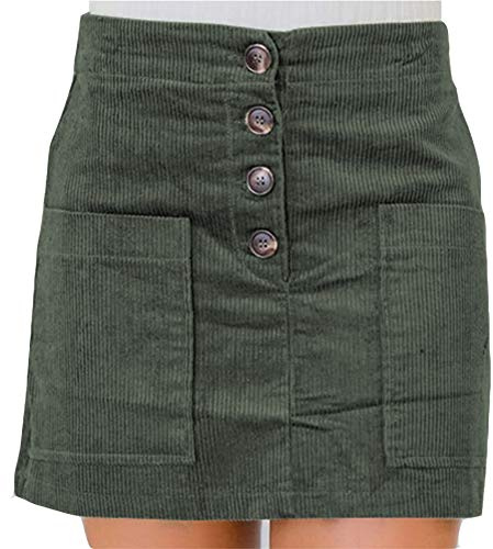 Susupeng Women High Waist Soft Faux Suede Button Down Skirt Slim Back Zip Side Pocket Mini Skirts (Large, Corduroy ArmyGreen)
