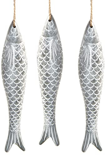 Logbuch-Verlag 3 große Fische Anhänger aus Beton 18 cm grau weiß Dekofische Maritime Deko Garten Badezimmer Balkon