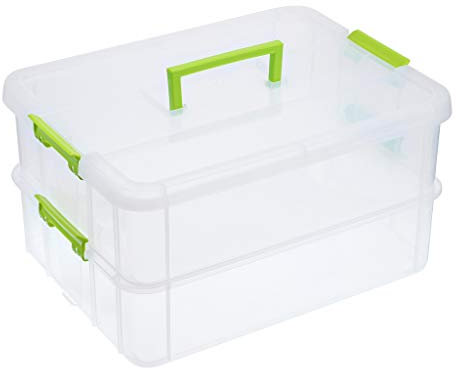 SUMNACON Stackable Storage Box 2 Tier Adjustable Plastic Storage Box with Carrying Handle Transparent Storage Boxes for Toys and Crafts Sewing Accessories Green