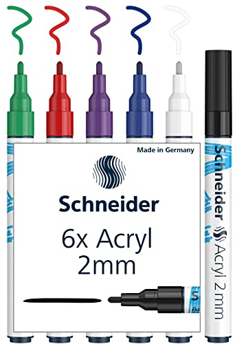 Schneider Paint-It Akrylpennor (set 1 med 2 mm rund spets, högtäckande akrylfärger för trä, duk, sten och mycket mer), 6 stycken, sorterade, 2 mm linjebredd