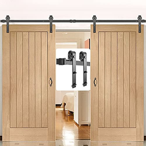 VEVOR Kit Quincaillerie Porte Double 366 cm Suspendue 150 kg Rail Porte Coulissante Acier Carbone 4 Cintres 6x4x30 cm Épaisseur Porte 35-45 mm pour Portes 183 cm Chambre Garages