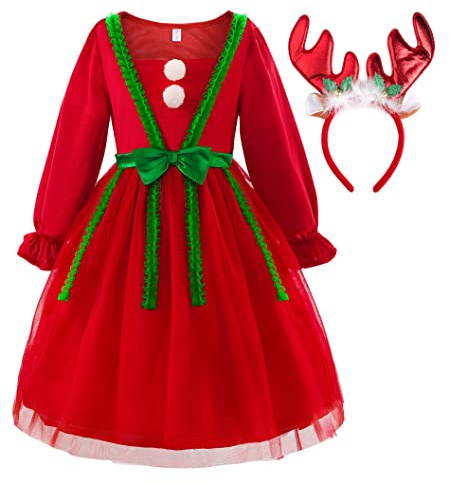 ReliBeauty Weihnachtskleid Mädchen Rot mit Reh Geweih Haarreif,120