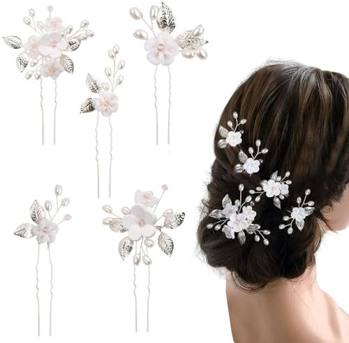 Norhogo 5 Stycken Brud Bröllop Blomma Hårnålar, Pärla Brudsmycke Hårsmycke Silver för Kvinnor och Flickor (Silver)