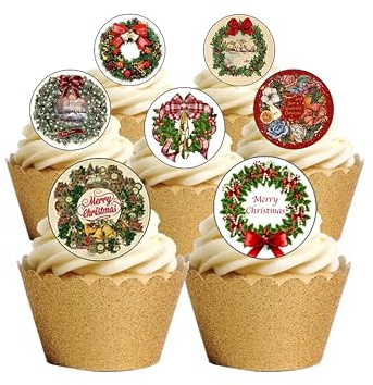 24 Precut Round Vintage Christmas Wreath Edible Wafer paper Cake Cupcake Toppers