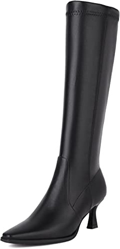 MJIASIAWA Damen Pointed Toe Kitten Heel Knee Stretch Stiefel Mode Stiletto Winter Elegant Reitstiefel Reißverschluss Schwarz Gr 40 EU/41 Asiatisch