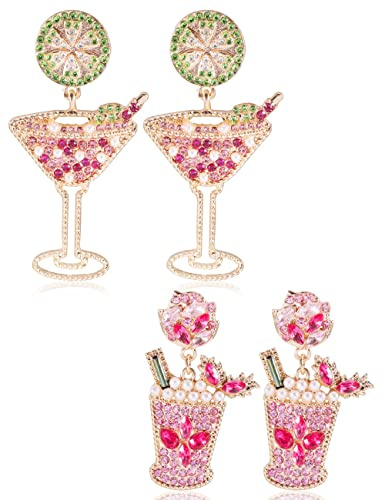 Champagne Glass and Cocktail Tequila Martini Margarita Earrings, Fun Novelty Colorful Handmade Wine Glass Alcohol Goblet Beach Holiday Earrings Gifts Drink for Women Studs Dangling Set Pack, Metal,