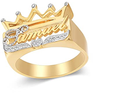 Gemiac Personalized Name Ring with Crown 18K Gold-Plated Nameplate Initial Ring Customized Jewelry Gift for Women Men