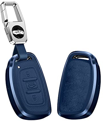 KUNIO Schlüsselhülle Passt für Hyundai Creta Mistra Elantra Tucson Ix25 I10 I20 I30 Verna Santa Fe 2015-2018 Aluminiumlegierung Leder Autoschlüssel Hülle Schutzhülle Schlüsselcase 3 Tasten B Blau