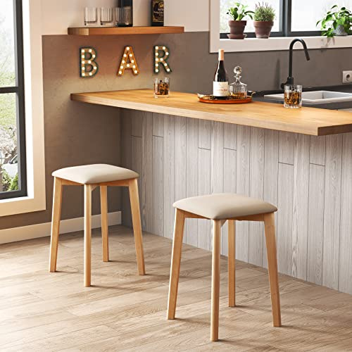 KungFuWood Hocker Holz, Holzhocker Quadratisches Design Mit Leder Gepolsterten Kissen, Stabile und Einfache Montage Sitzhocker Holz mit Stapelbaren Design für Wohnzimmer, Bar, Etc(Original Holzfarbe)