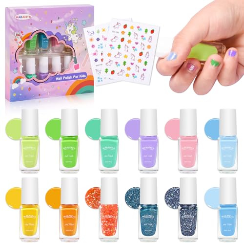 wakaniya Nail Polish Set, 12 Colors Non-Toxic Peel-Off Nail Polish Kit with Nail Stickers, Quick Dry Water-Based