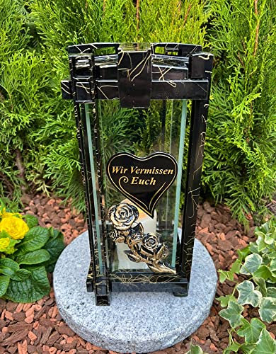 Lampada funeraria color oro marmo, lanterna con scritta – Wir VERMIESSEN EUCH – 33 cm H. – Lampada per tomba, candela con candela