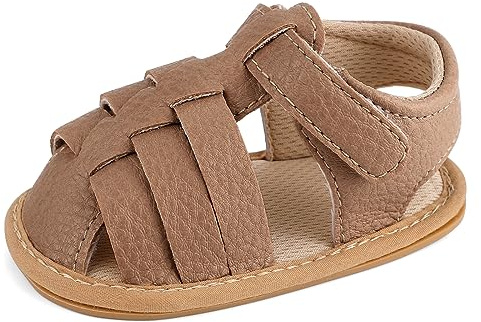 MASOCIO sandaler med öppen tå för spädbarn, småbarn, sommar, platt med halkskydd, första promenadskor, Brun 2, 6-12 Månader