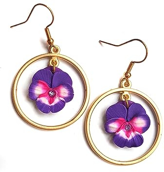 Earrings hoops with pansy flower, handmade, flower earrings, exclusive piece, birthday present