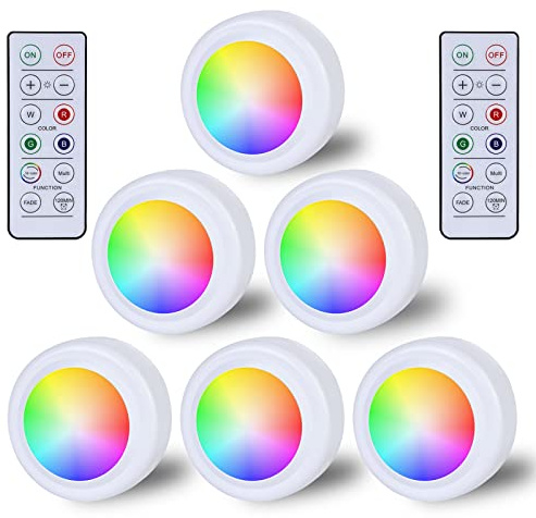 6x LED RGB Spots Batteriebetrieben mit Fernbedienung, 16 Farbwechsel Schrankbeleuchtung Dimmbar Unterbauleuchten Kabellos LED Touch Lampe Timer und Memoryfunktion LEDSpot Batterie zum Klebepads