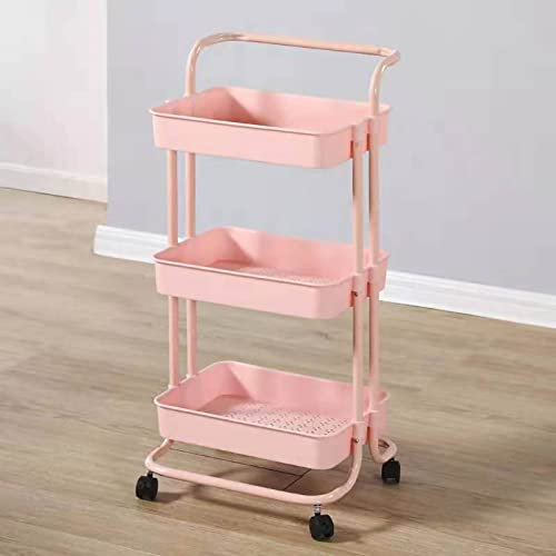 Carrello portaoggetti a 3 ripiani con ruote, per bagno, cucina, soggiorno, classe, generi alimentari, colore: rosa