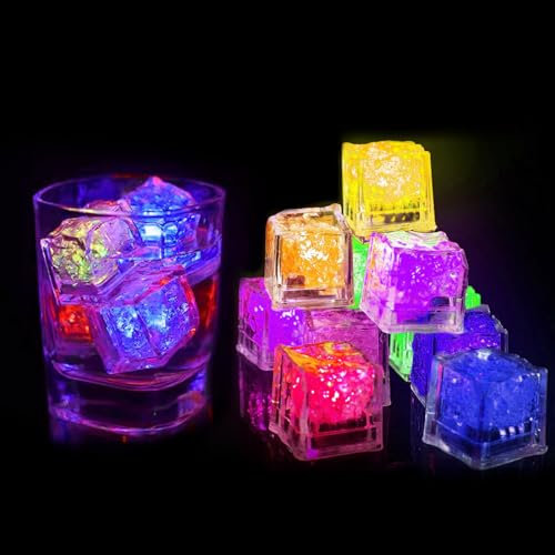 ENUOLI Light Up Ice Cubes for Drinks, 12 PCS Flash Waterproof LED Acrylic Ice Cubes Multicolor Cubes Glowing Reusable Bath Cube Light Wine Whiskey Club Bar Cocktail Party (12 PCS Ice Cubes)