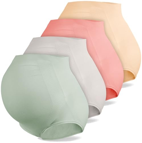 ACWOO Women's Maternity Knickers, 4PCS High Waist Stretchable Pregnancy Panties, Soft Breathable Overbelly Maternity Briefs, XL, B-pink+skin Color+grey+green+Multicolour