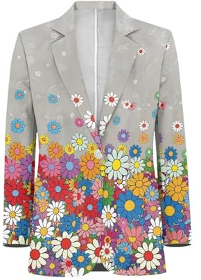 Suhoaziia Vestes blazer boyfriend ouvert sur le devant à col revers pour femme - Veste de costume à manches longues pour le travail et le bureau, Hippie Fleurs Gris, XL