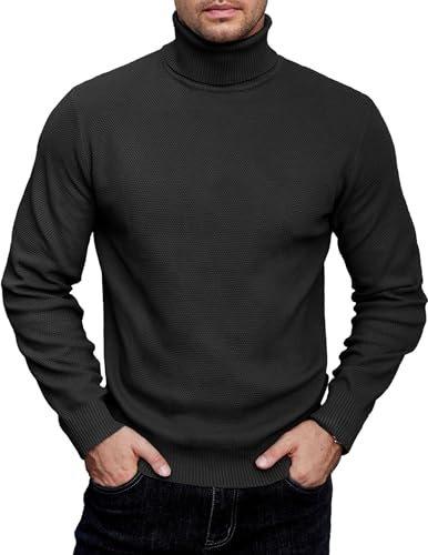 COOFANDY Men's Turtle Neck Jumper Knitted Sweater Winter Jumpers for Men UK Roll Neck Jumper Lightweight Sweater Business Casual Solid Sweater Black L