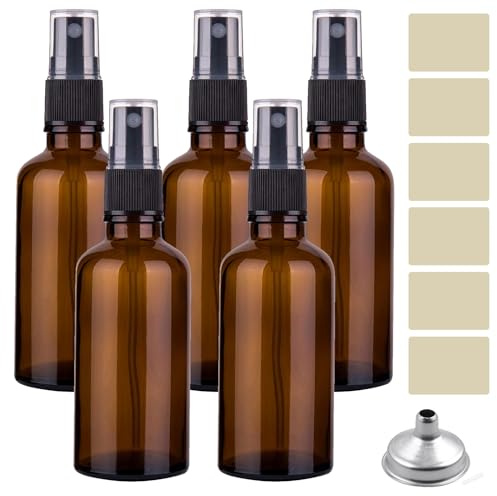 IME Amber Glass Spray Bottle Fine Mist Small Spray Bottle with Funnel and Labels Pack of 5 Travel Empty Spraying Bottles for Cleaning Essential Oil Cosmetic Sprays Perfume Hair, 50ML