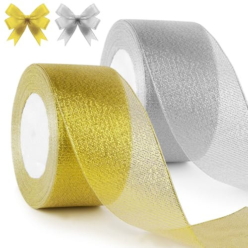 HOTUT 2 Rollen Satinband Gold und Silber, 50mm Geschenkbänder Breit, 22 M Schleifenband Deko, Dekoband für Geschenkverpackung Brautstrauß Basteln Geburtstag Deko