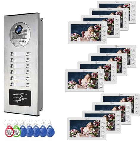 Interphone vidéo filaire pour appartement - 6 unités - Écran de 7 pouces - Sonnette vidéo pour l'intérieur et l'extérieur - Déverrouillage de carte d'identité - Audio bidirectionnel pour la maison et