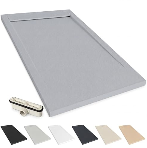 NEBADOON Plato de Ducha Resina Venecia Antideslizante 70x170 Gris | Antibacteriano, textura pizarra cálida al tacto, válvula 60 l/min incluida, corte a medida, fabricado en España