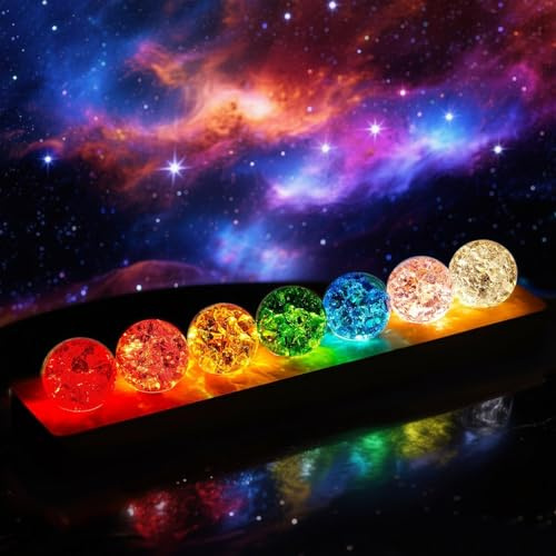 DaMohony 7 bolas de cristal coloridas, bolas de cristal de 40 mm con base de madera LED, juego de esferas curativas naturales para decoración del hogar y sala de estar