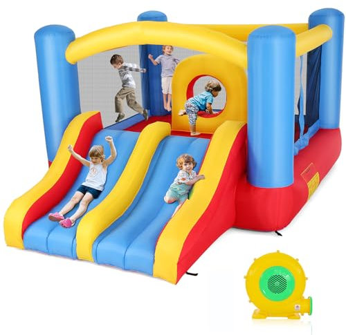 Hüpfburg mit Rutsche, Aufblasbare Springburg für Kinder 3-12 Jahre, Indoor/Outdoor Hüpfschloss mit Basketballkorb, 370 x 275 cm Spielburg inkl. Gebläse für Garten