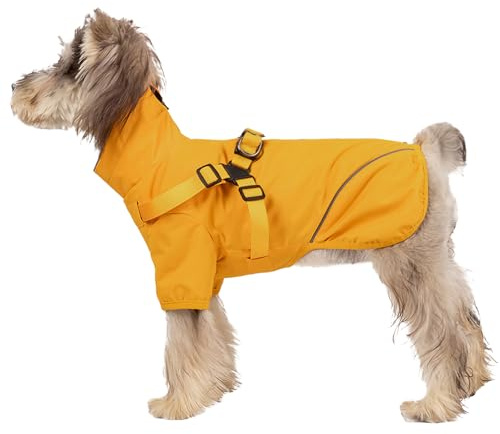 Hunderegenmantel mit Reißverschluss, wasserdichte reflektierende Regenjacke für Welpen, Regenmantel mit Geschirr für kleine und mittlere Hunde (Gelb, M)