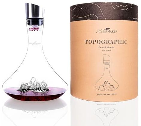 Carafe à décanter le vin 1.8 L | Borosilicate de qualité supérieure soufflé artisanalement avec les montagnes en relief | Bouchon 3 en 1 (filtre, aérateur et bec verseur) (Aiguille du Midi)
