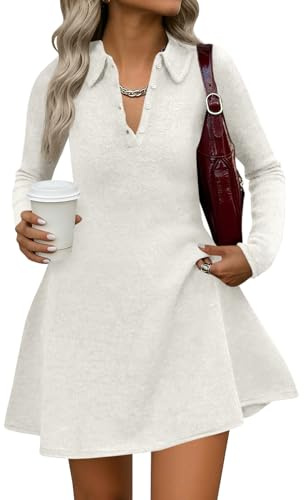Saodimallsu Womens Sweater Dress 2026 Spring Polo Collared Long Sleeve Button V Neck A line Preppy Knit Dresses White