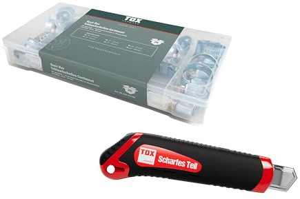 TOX Set mit Schlauchschellen-Sortiment (26-tlg.) + Cuttermesser mit ABS-Gehäuse und 2 Ersatzklingen, Schlauchschellen in Transportbox und 6 Größen, Spannbereich 10-40 mm, 094909159
