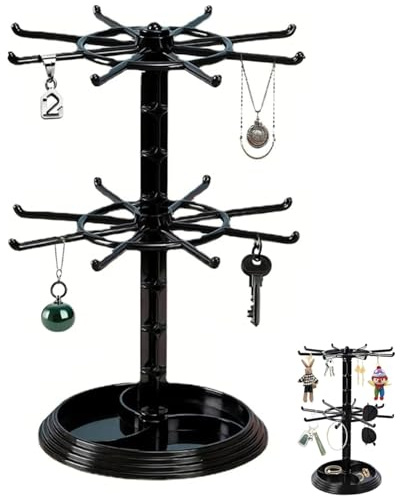 Présentoir à Bijoux Rotatif 2 Niveaux, Support Tournant pour Organiser Boucles d'Oreilles, Bracelets, Bagues, Colliers, Plateau Clé Présentoir Porte-Clé pour Vitrine Bijouterie ou Usage Domestique