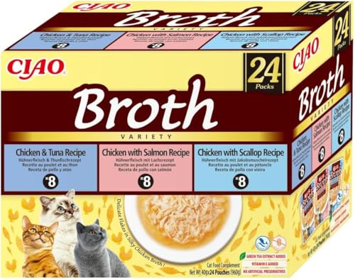 INABA Ciao Broth Gatos - Receta Saludable de Caldo de Pollo, 3 Sabores Diferentes - Comida Húmeda con Tiras de Pollo, Salmón, Atún y Vieira - Natural, sin Cereales - 960g (24 Sobres x 40g)