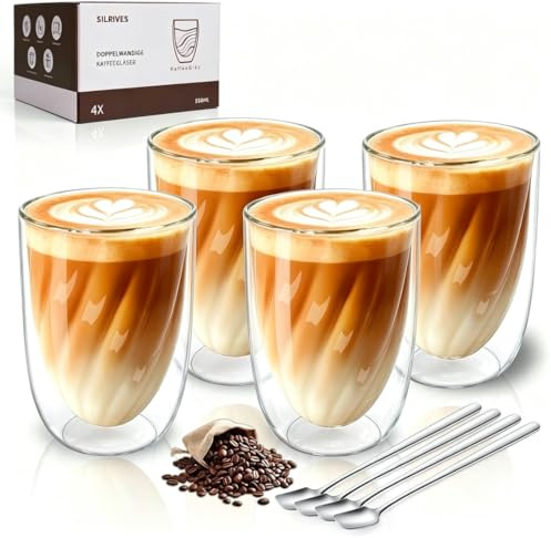 SILRIVES Double Walled Coffee Mug 4x350ml Insulated Cappuccino Cups with 4 Spoons Borosilicate Heat Resistant Latte Macchiato Glasses Cups Double Walled Glass Mugs for Coffee Expresso Tea Milk